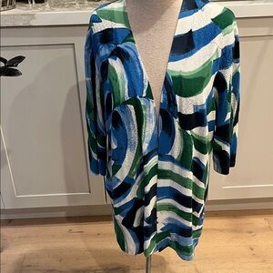 Lafayette 148 New York Abstract Blue and Green Open Cardigan
